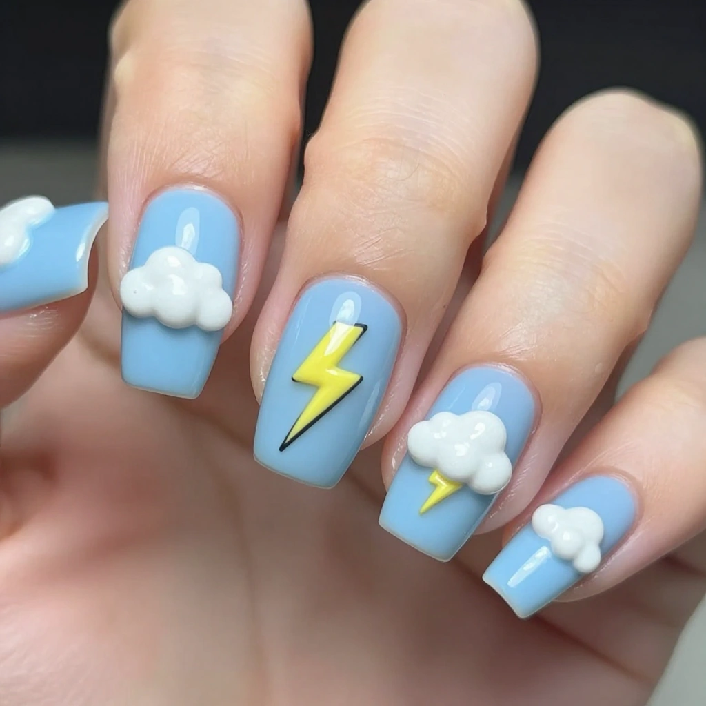 Cloud and Lightning Bolt Nail Design