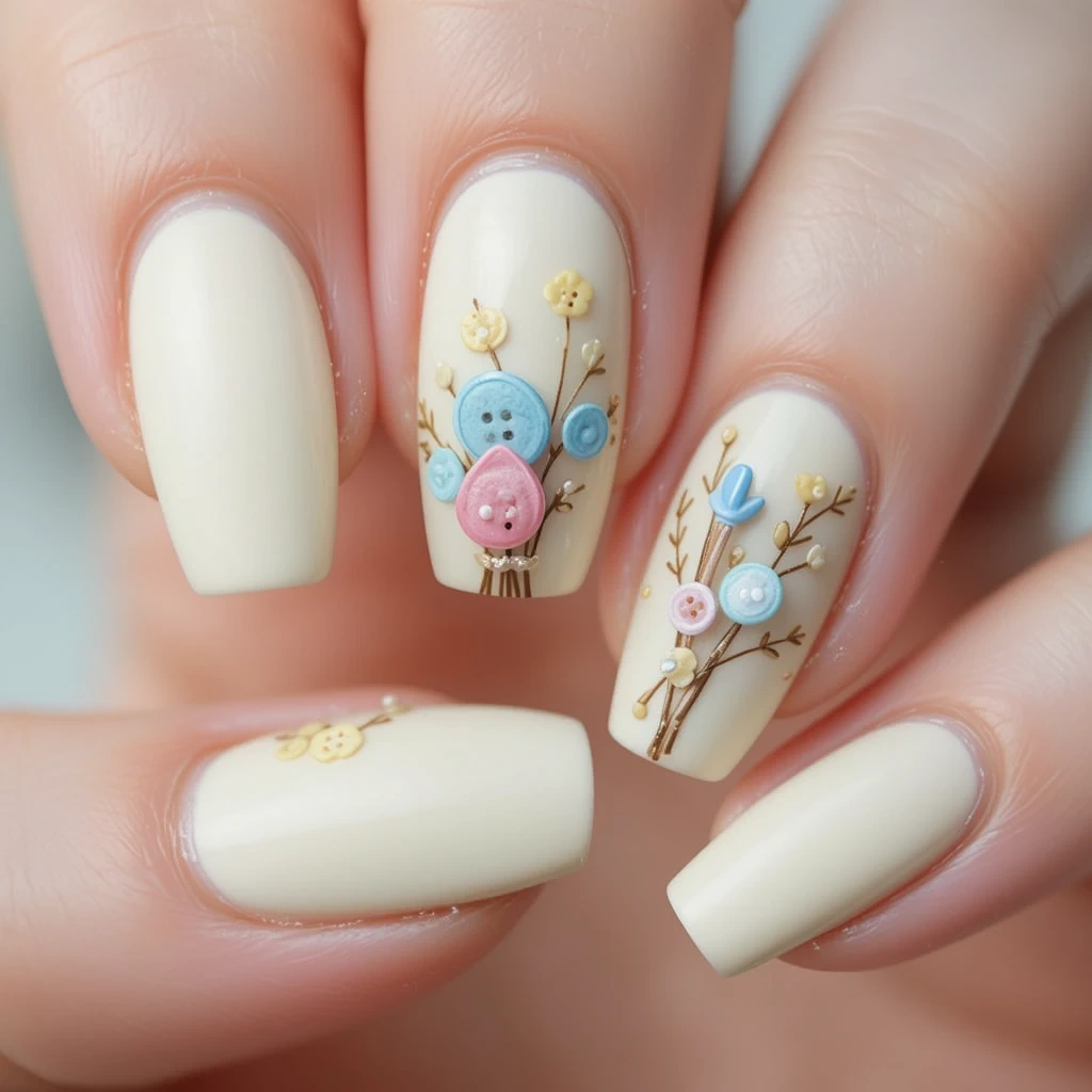 Cottagecore Button Bouquet Nail Design