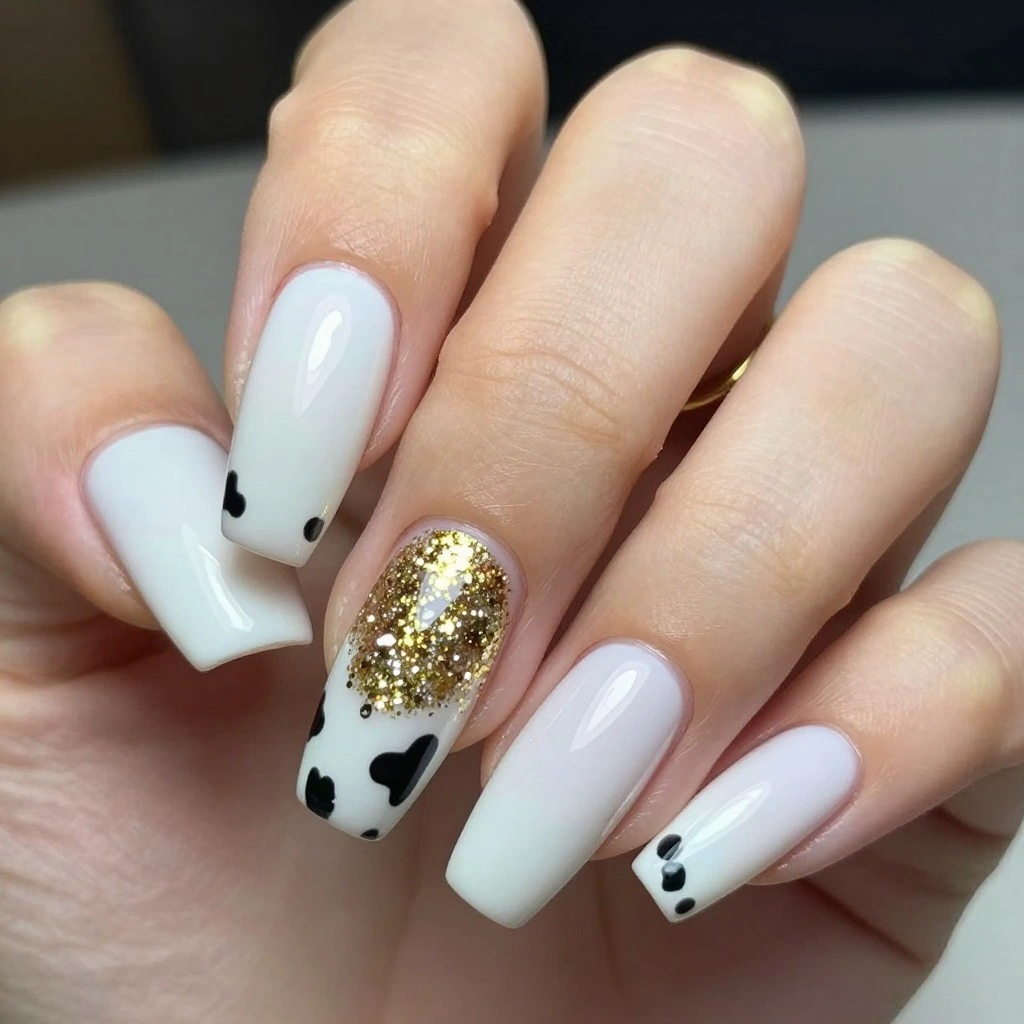 Cow Print Accent Nail with Glitter Ring Finger