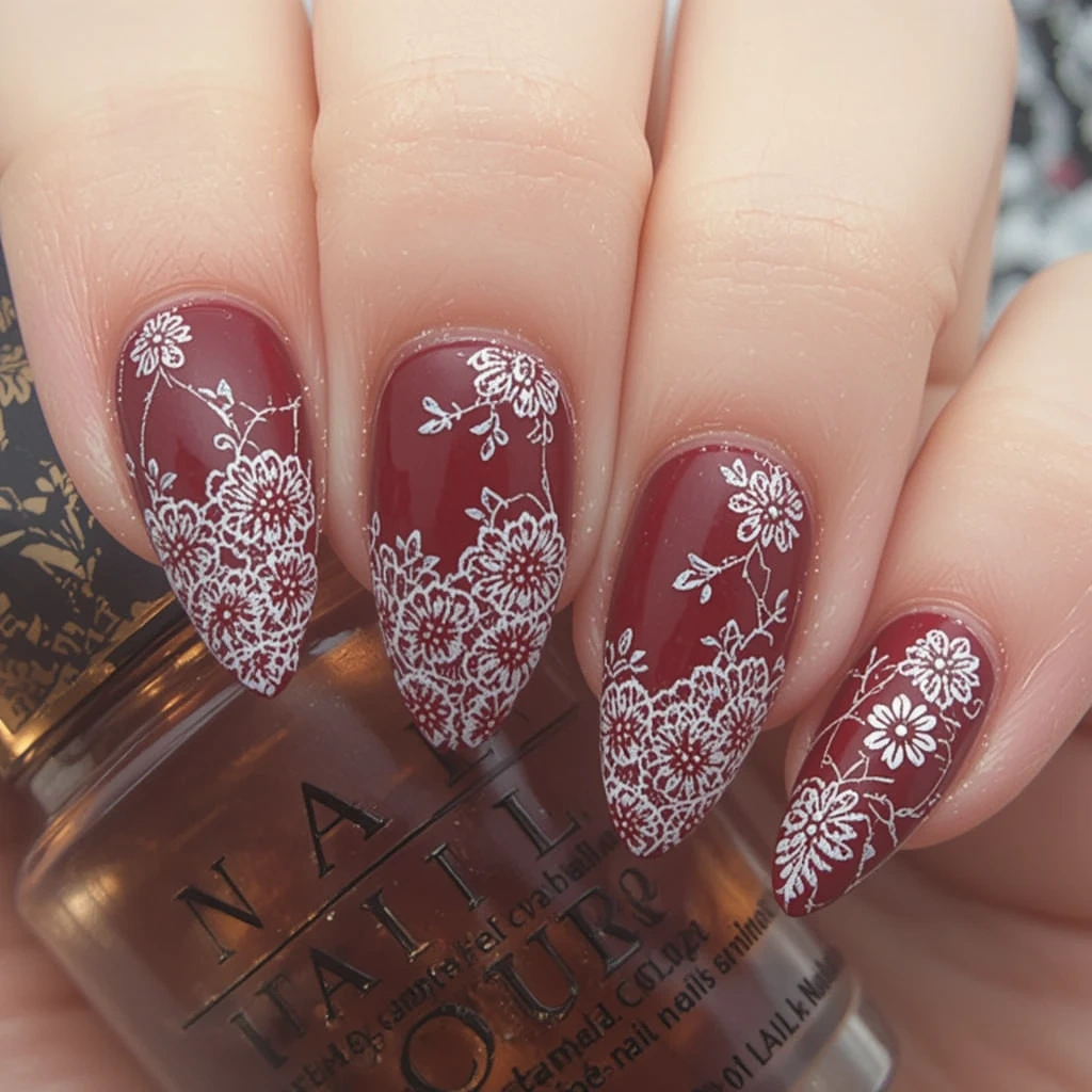 Dark Red Floral Lace Nails