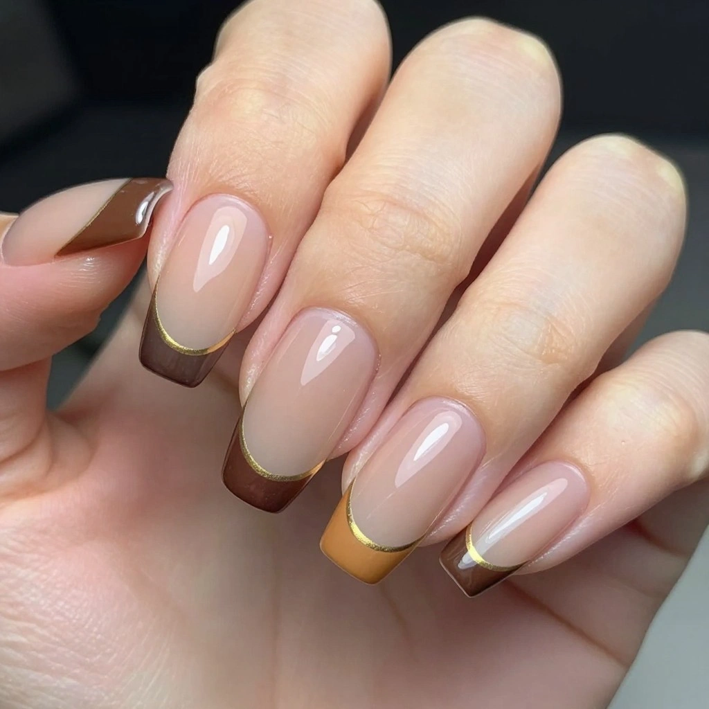 Double French Tip with Gold Line Nails