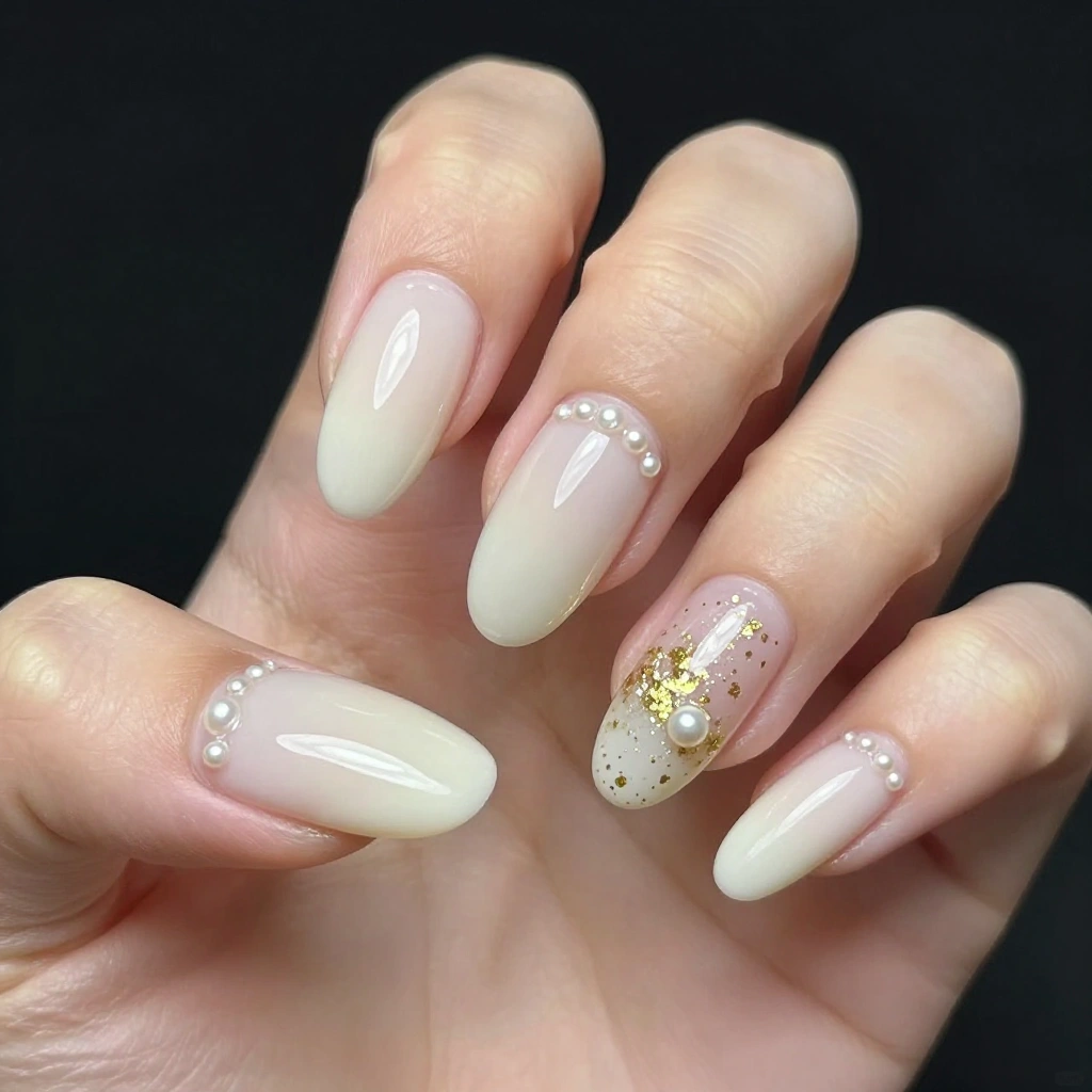Elegant Almond Nails with Pearl and Gold Details