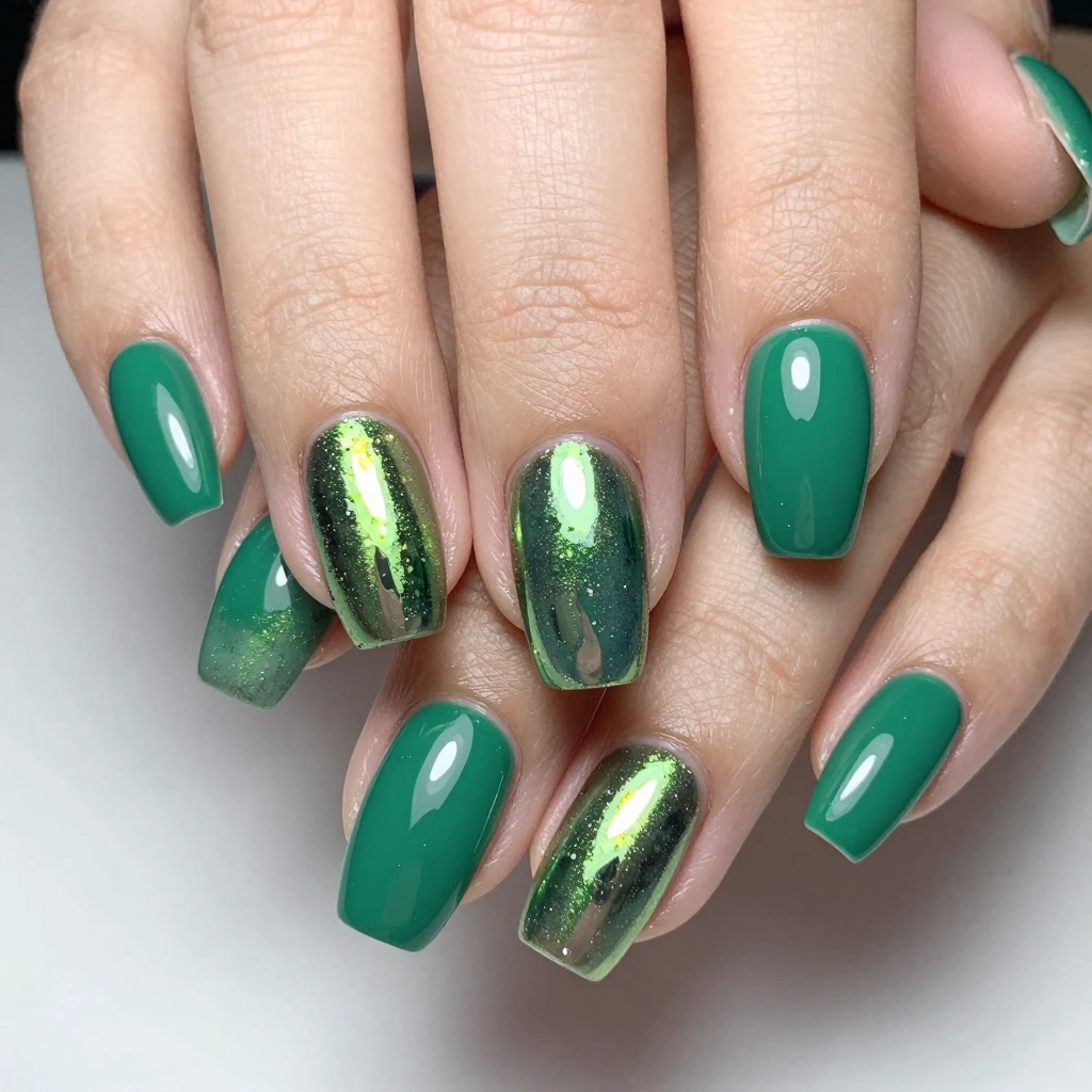 Emerald Green Chrome Accent Nails