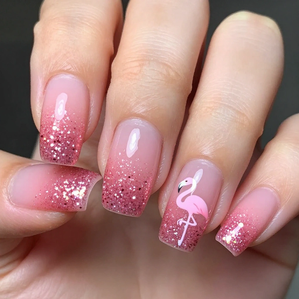 Flamingo Pink Glitter Ombre Nail Design