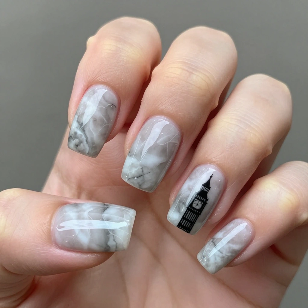 Foggy London Grey Marble Nails