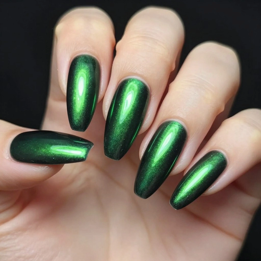 Forest Green Chrome Stiletto Nails