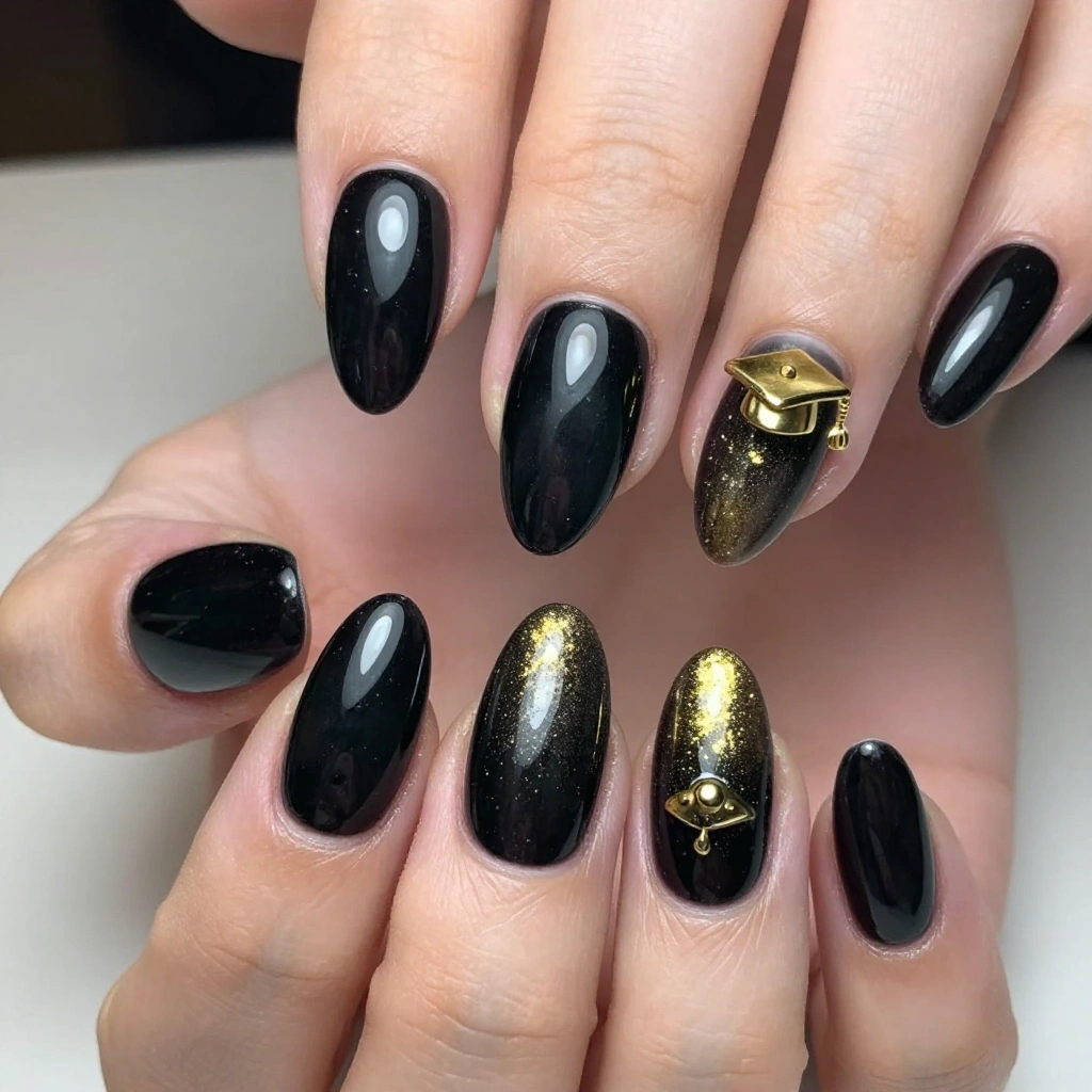 Glossy Black Almond Nails with Gold Cap Charm