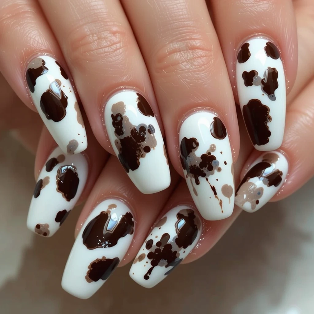 Glossy Brown Cow Print Coffin Nails