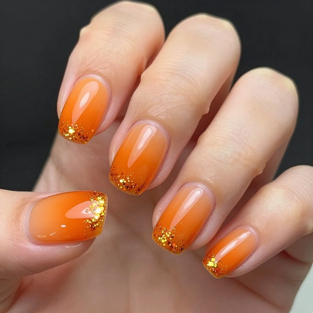 Glossy Jelly Orange Nails with Glitter Tips