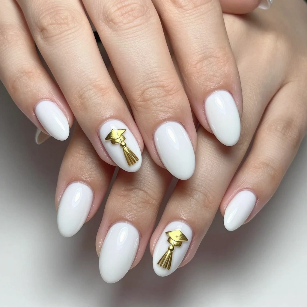 Glossy White Almond Nails with Gold Cap Accent