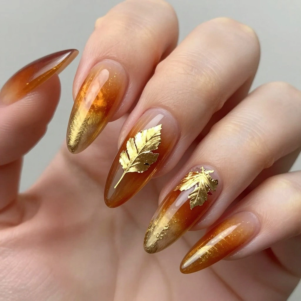 Golden Leaf Aura Acrylic Nails