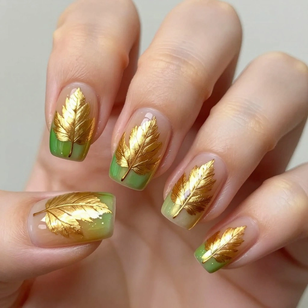 Golden Leaf Silhouette Nail Art