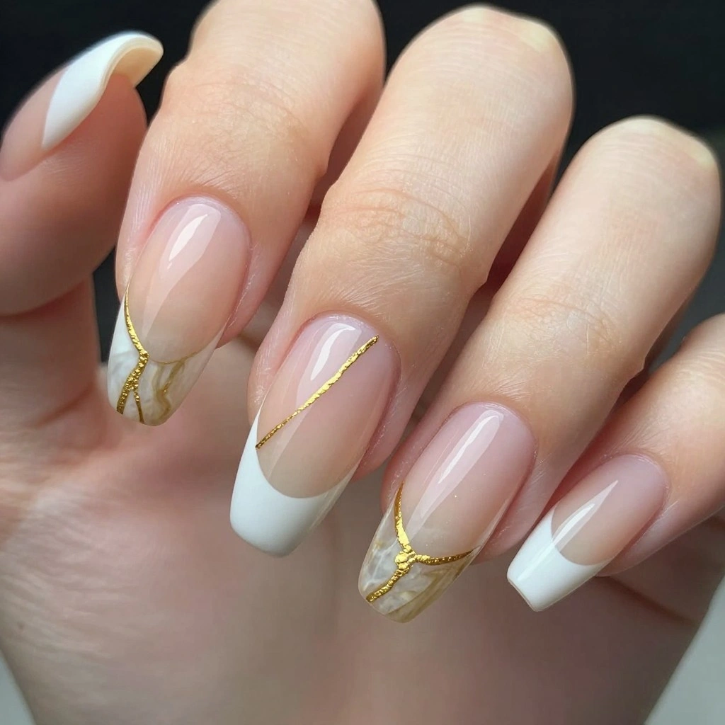Golden Marble French Acrylic Nails