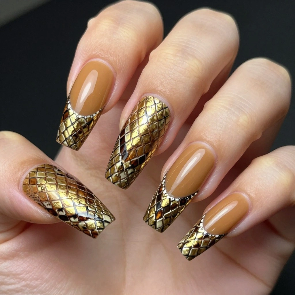 Golden Snake Print Coffin Nails