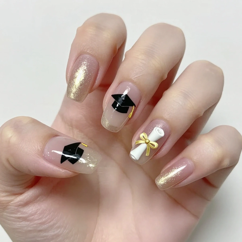 Graduation Cap and Diploma Accent Nails