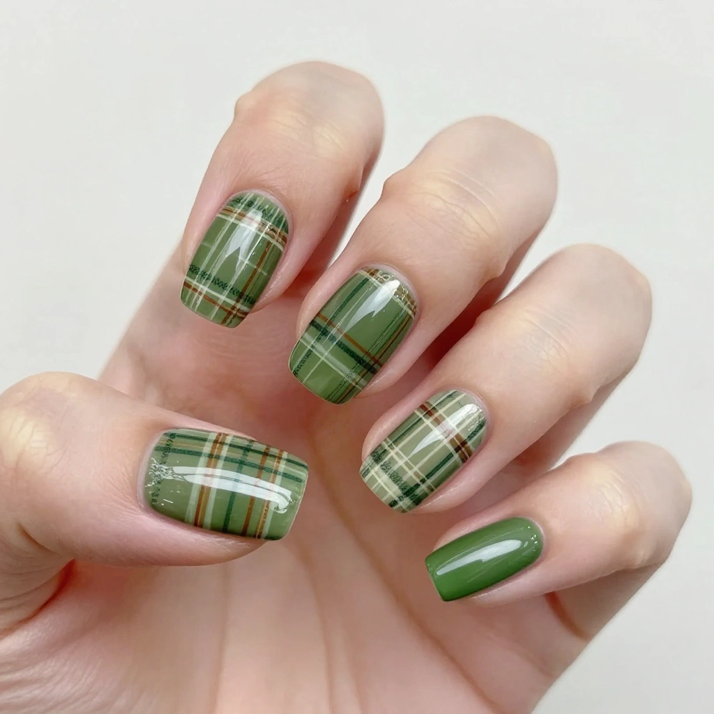 Green Plaid Pattern Nails