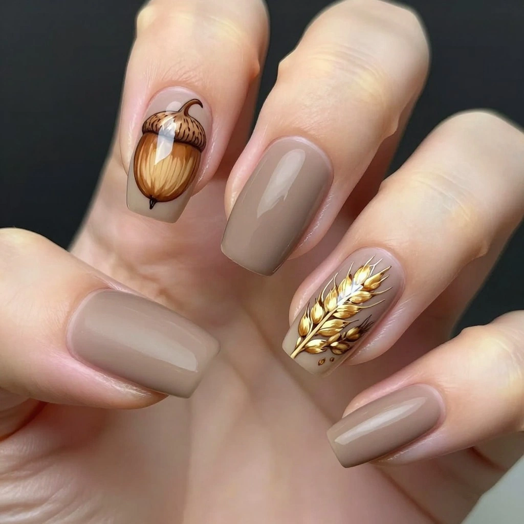 Hand-Painted Acorn and Wheat Nails