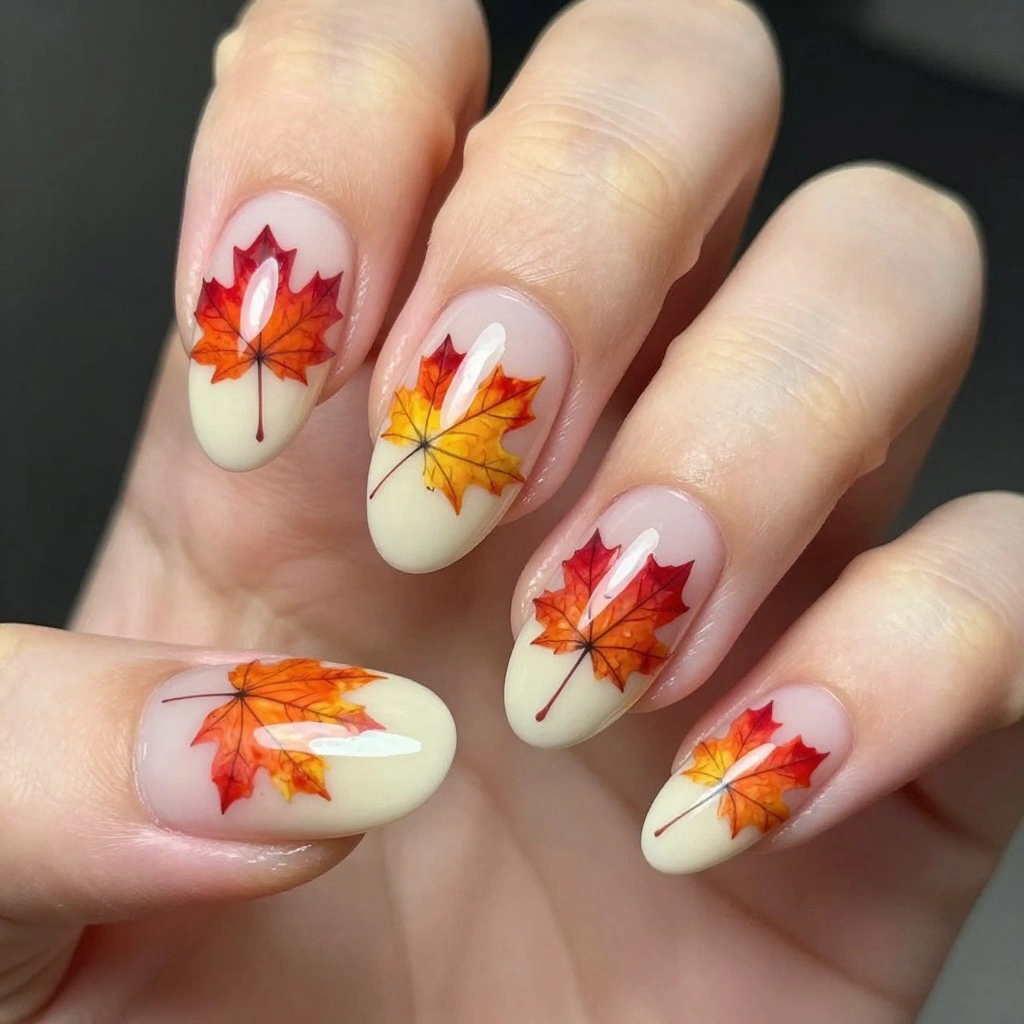 Hand-Painted Maple Leaf Nails