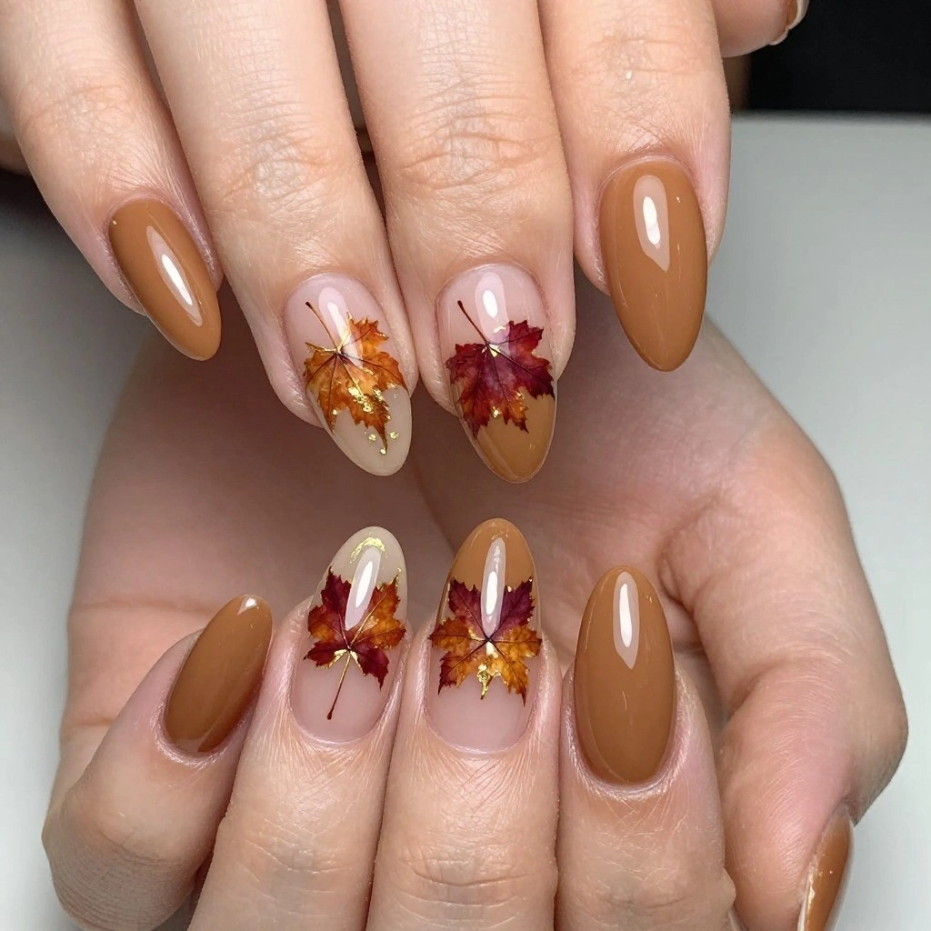 Harvest Leaf Accent Almond Nails