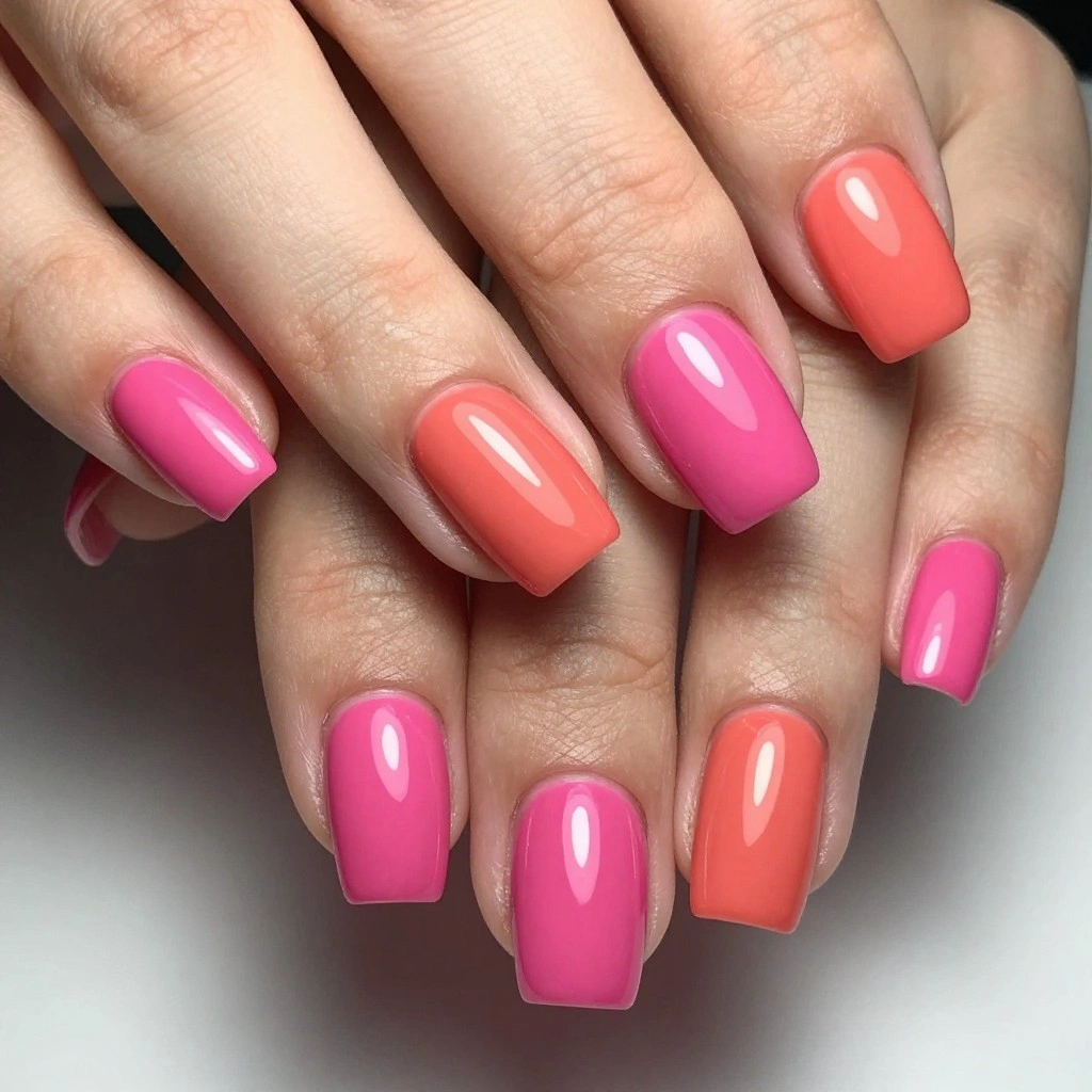 Hot Pink and Coral Color Block Gel Nails