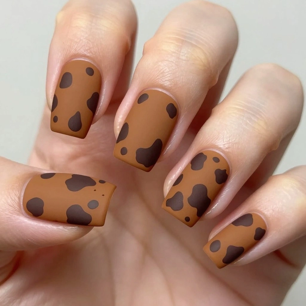 Matte Brown Cow Print Nails