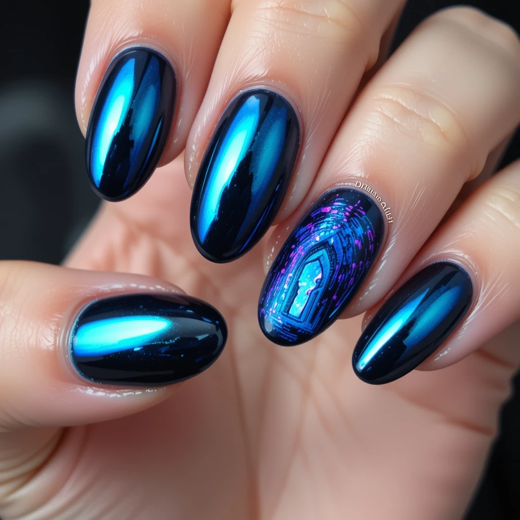 Midnight Chrome Portal Nail Design
