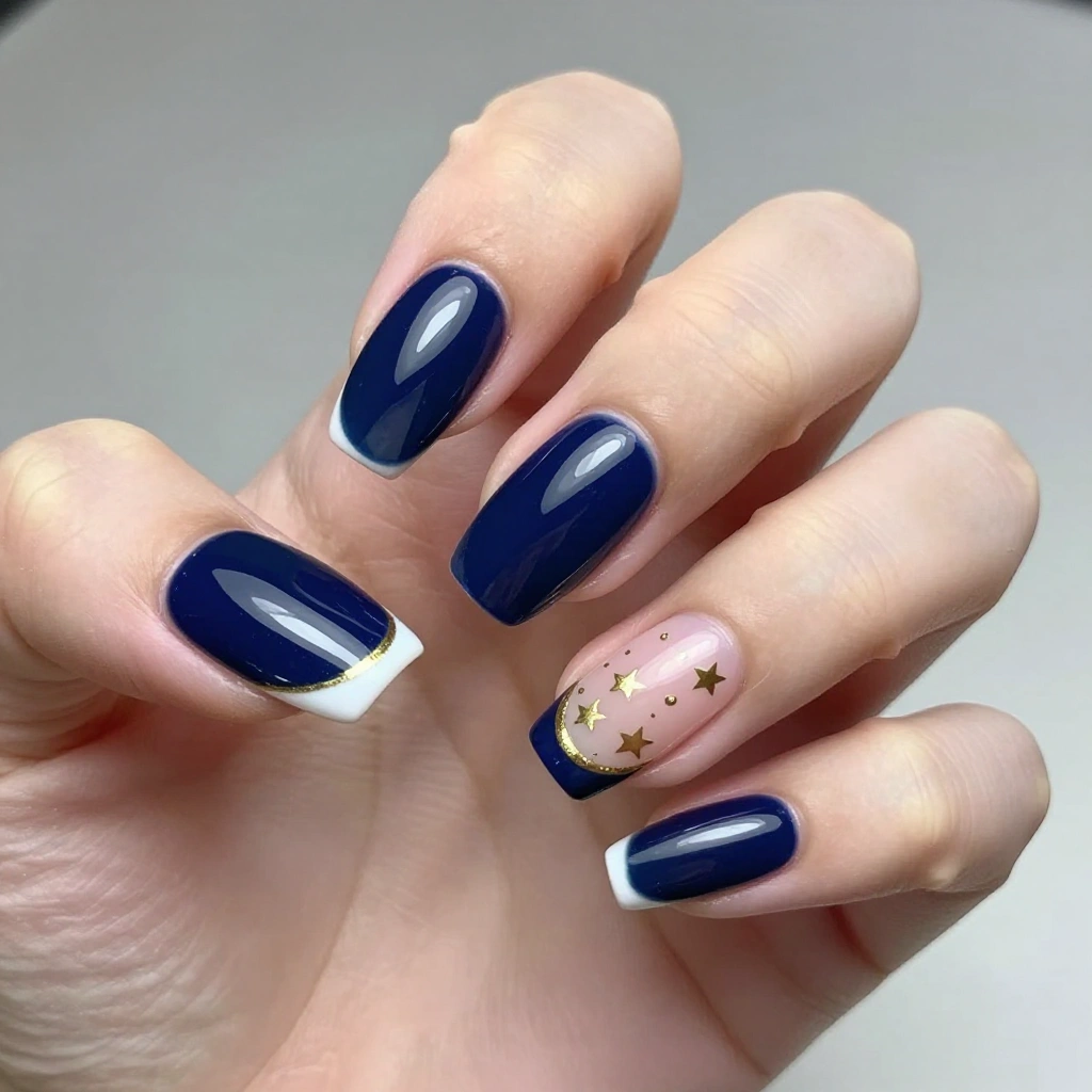 Navy Blue Coffin Nails with White French Tips