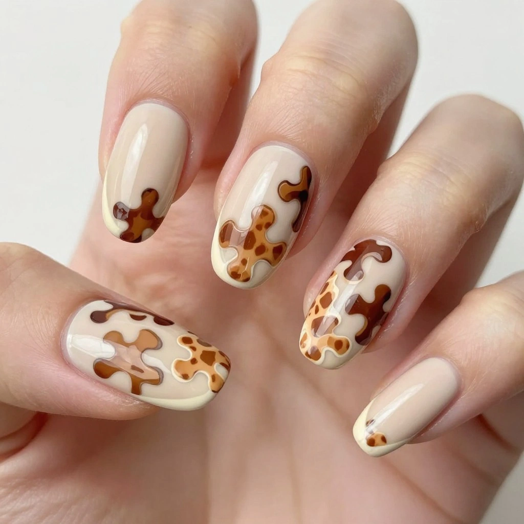 Neutral Giraffe Print Oval Nails