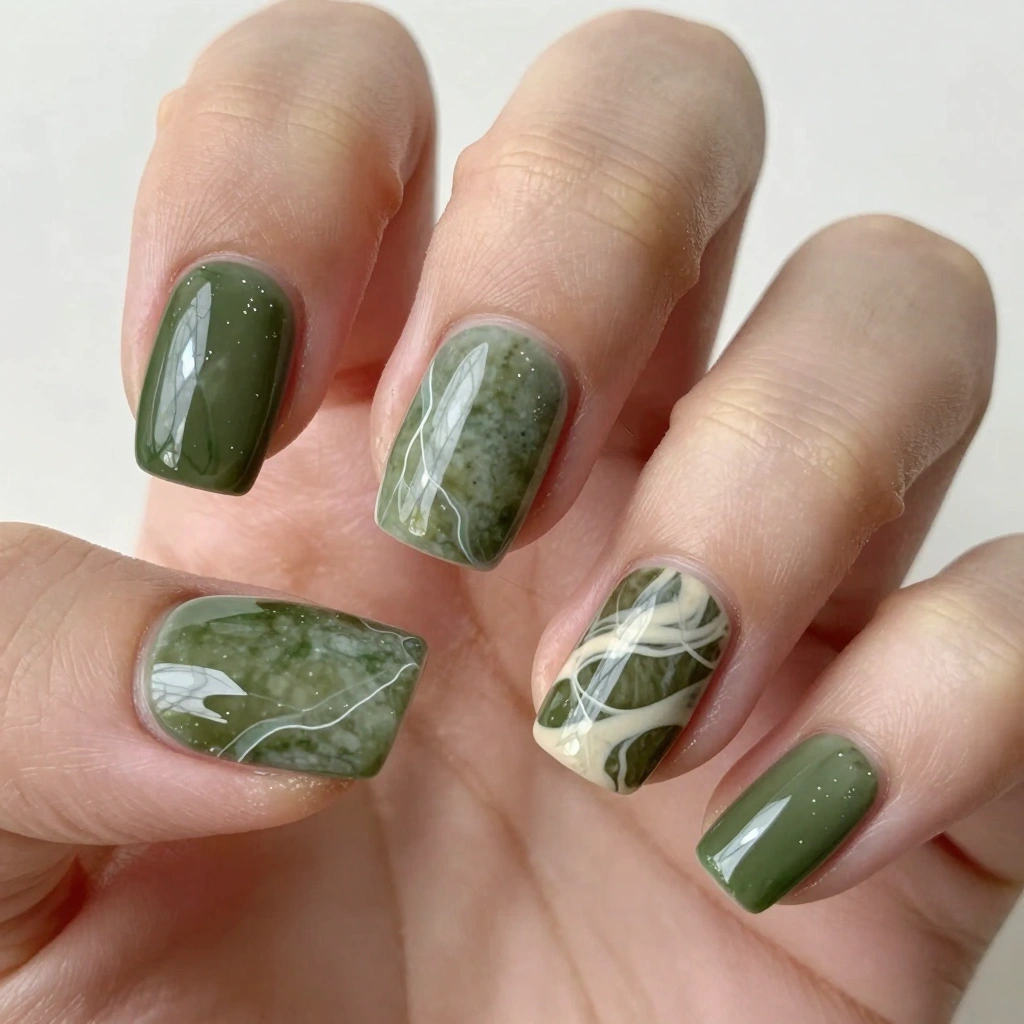 Olive Green Marble Nails