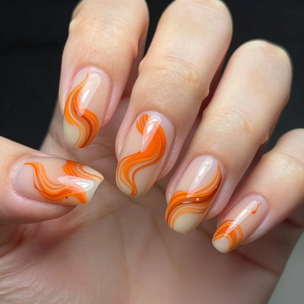 Orange Abstract Swirl Nails