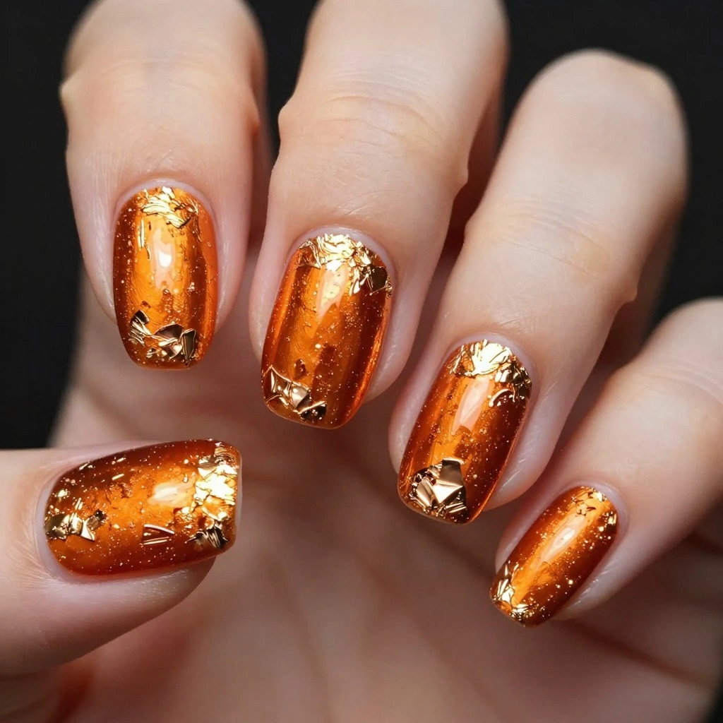 Orange Chrome Foil Nails