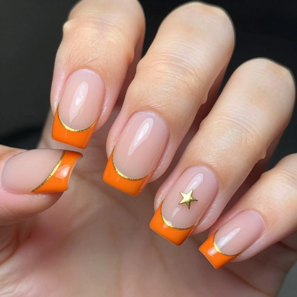 Orange French Tip with Gold Accents