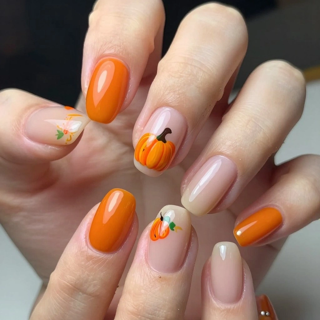 Orange Pumpkin Accent Nails