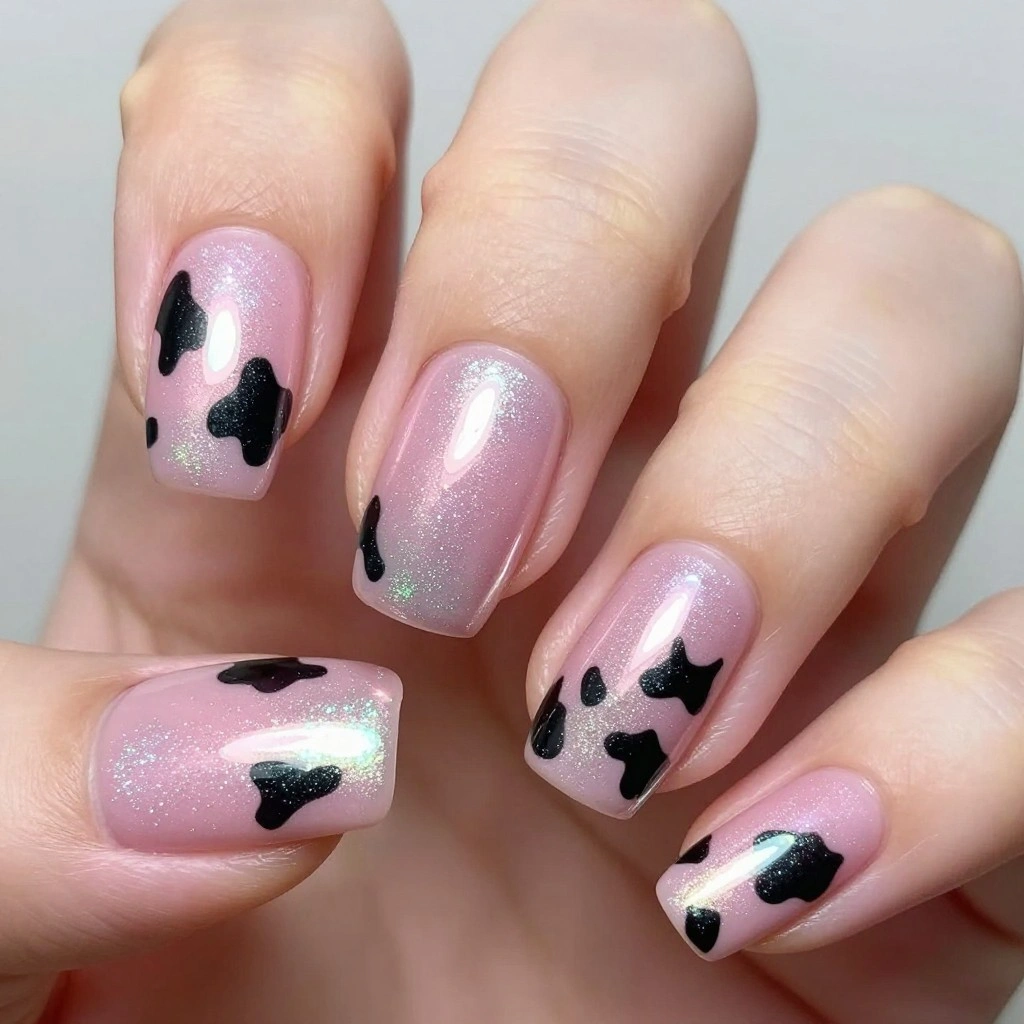 Pink Cow Print Nails with Chrome Finish