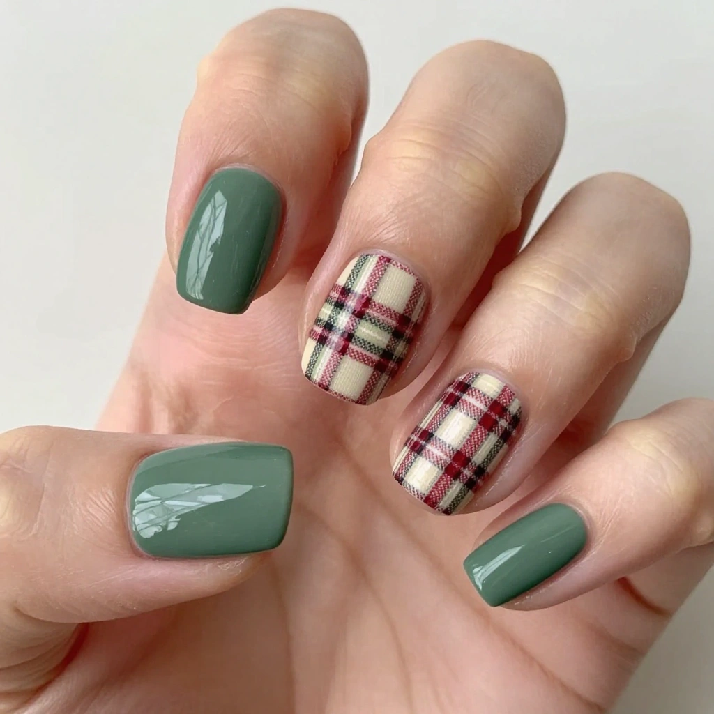 Plaid Pattern Short Almond-Square Nails