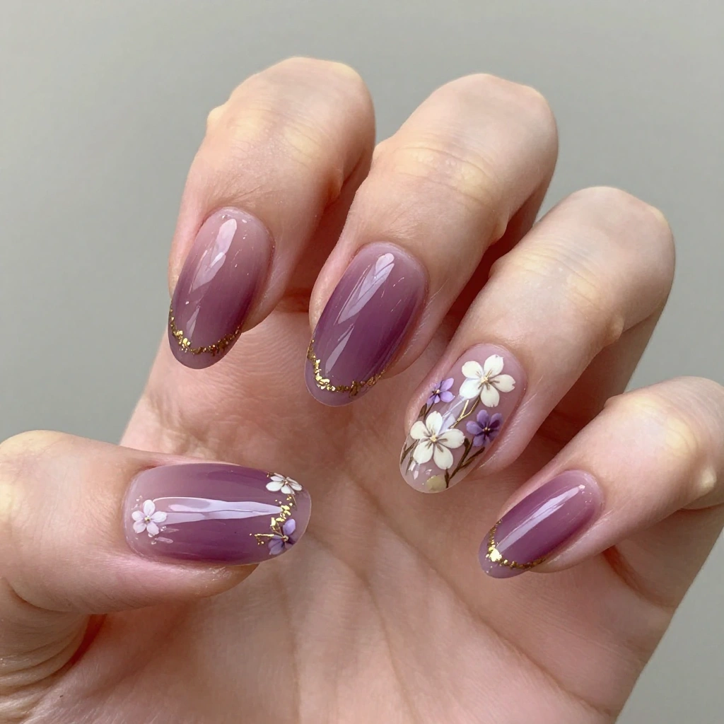 Plum Floral Hand-Painted Nails