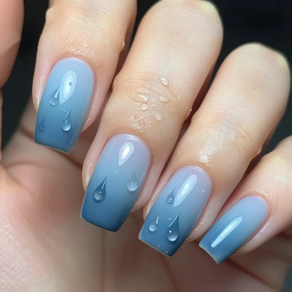 Rainy Day Blue Gradient Nail Design
