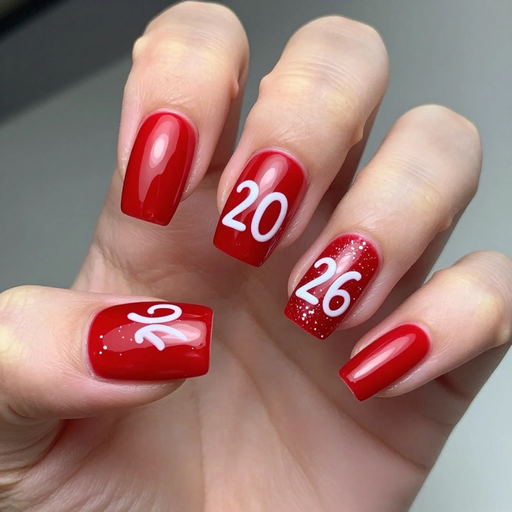 Red Square Nails with White Class Year Lettering