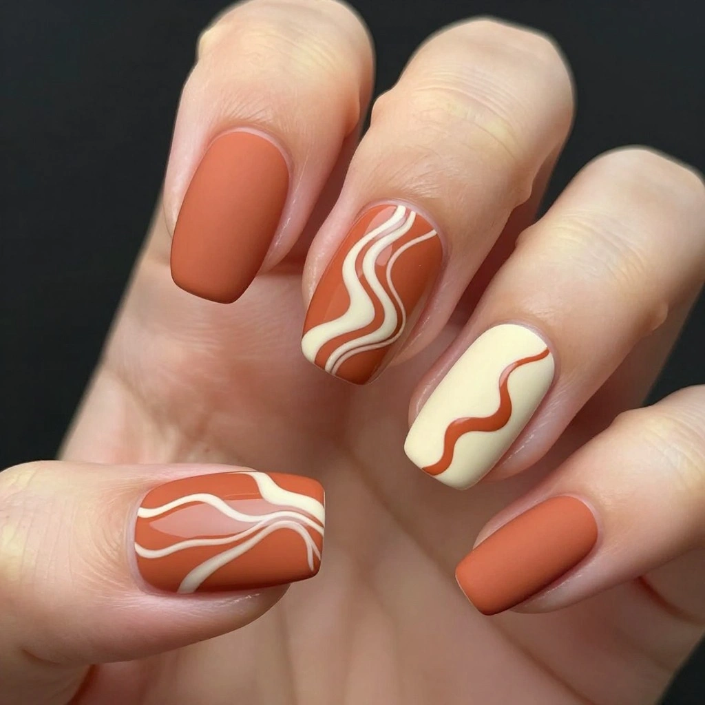 Short Coffin Nails with Terracotta Swirls