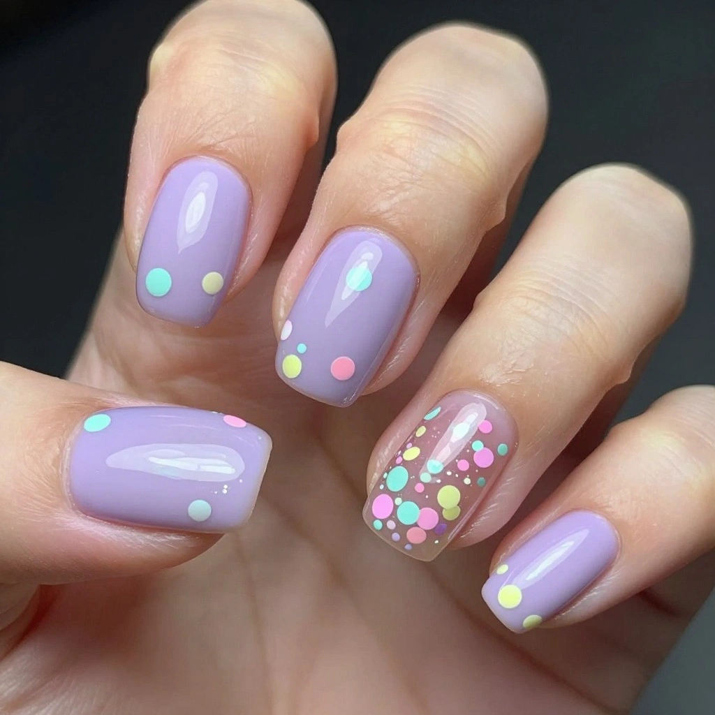 Short Oval Nails with Pastel Confetti Art