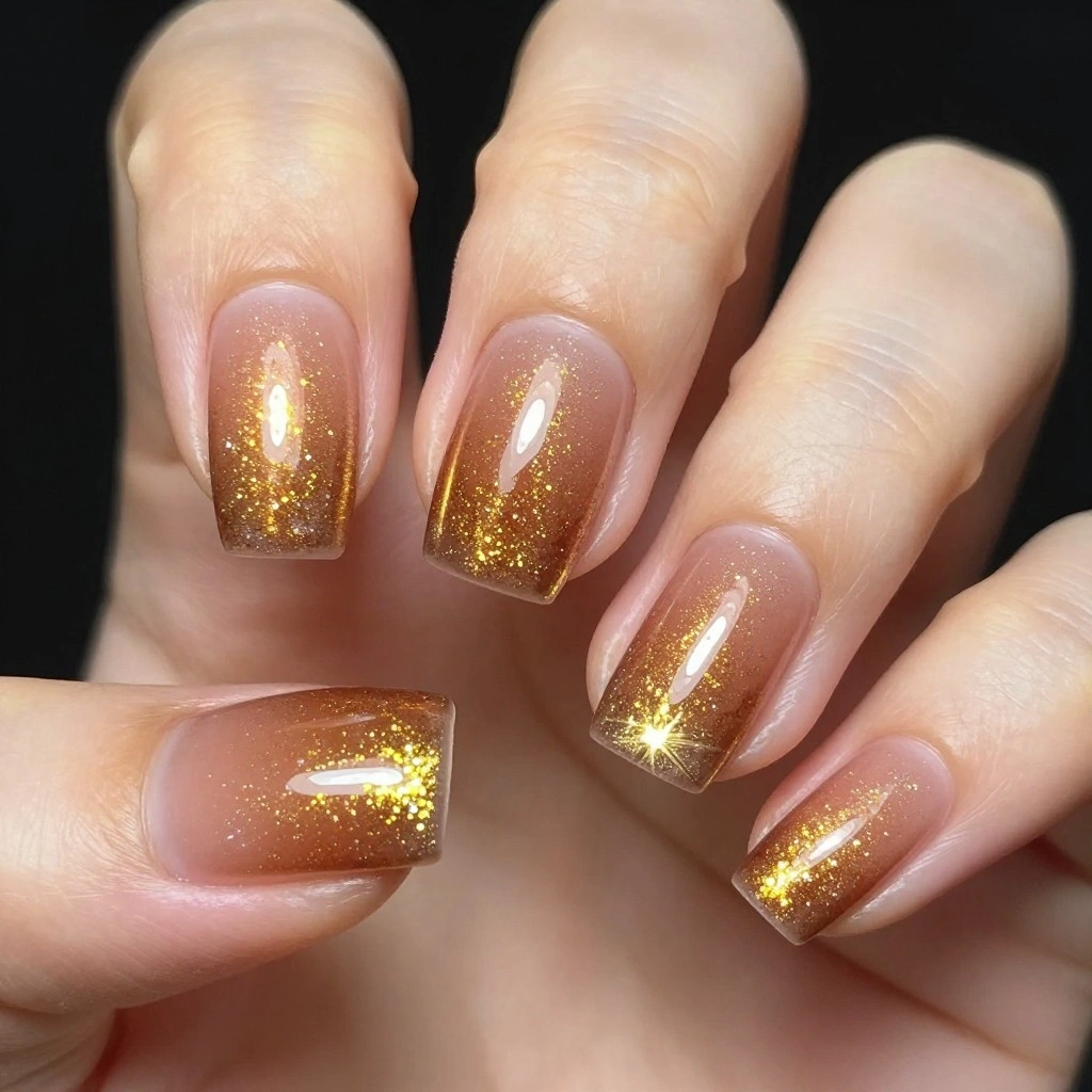 Short Toasted Almond Glitter Tips