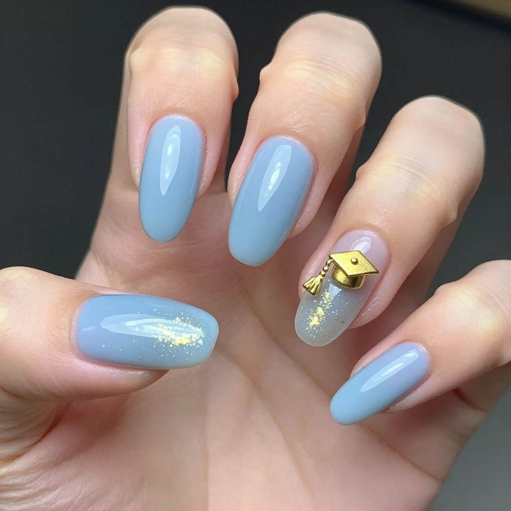 Sky Blue Almond Nails with Gold Cap Charm