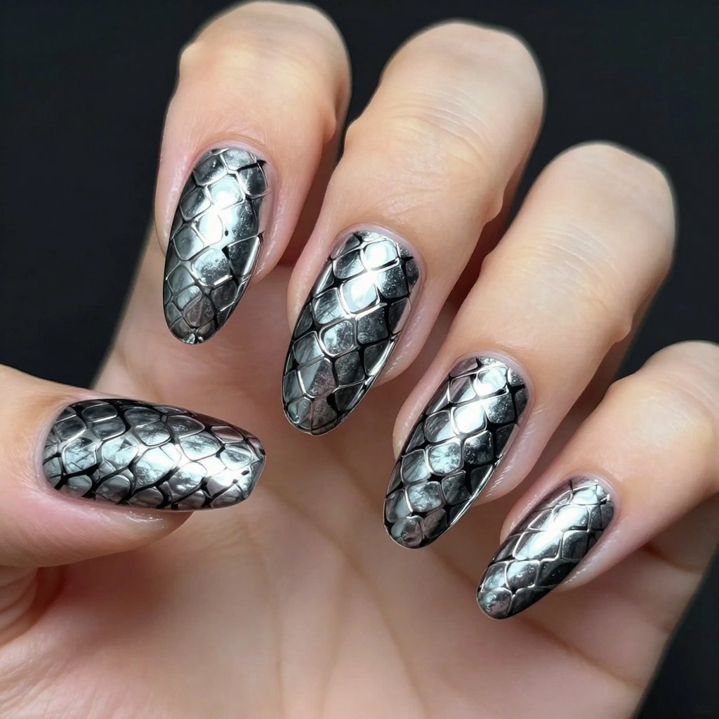 Snake Print Chrome Almond Nails