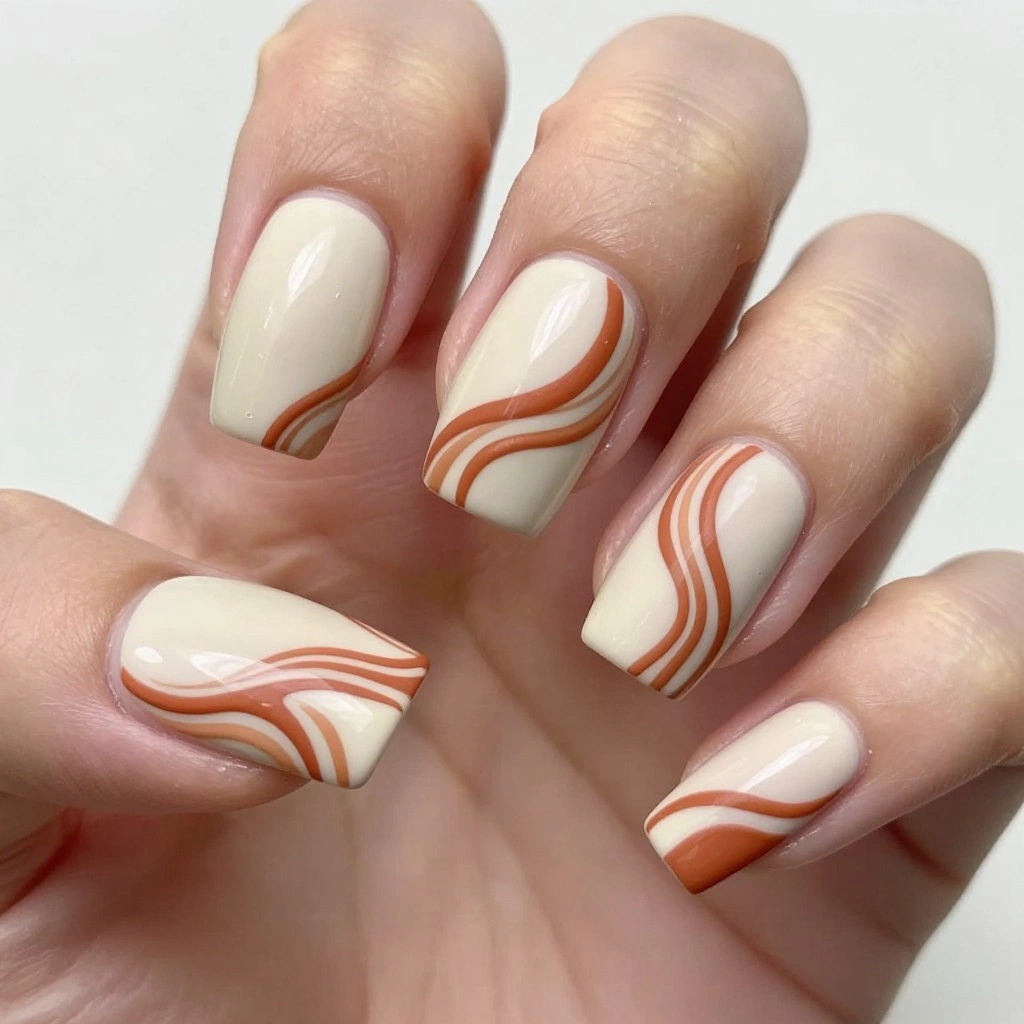 Square Nails with Terracotta Swirl Art