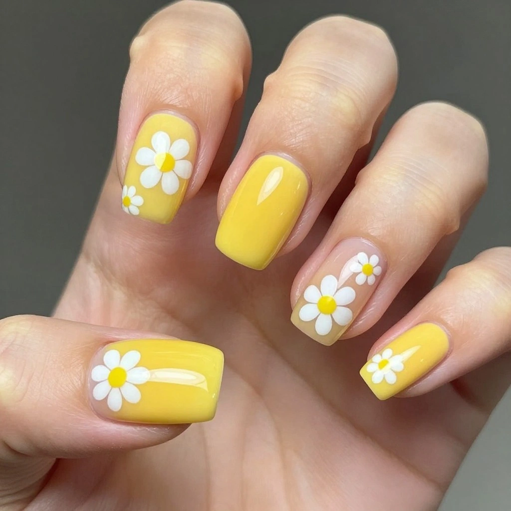 Sunny Yellow Gel Nails with White Daisies