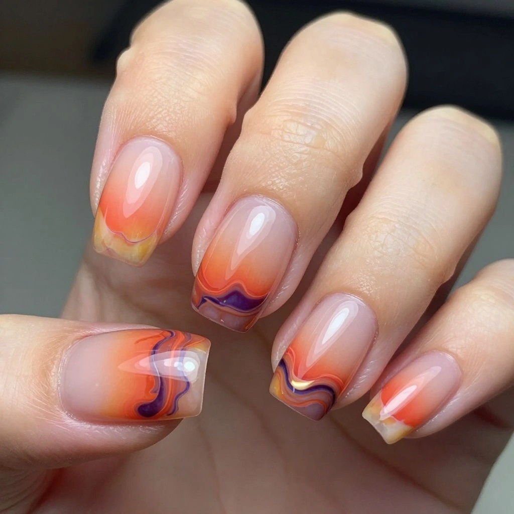 Sunset Marble Short Coffin-Edge Nails