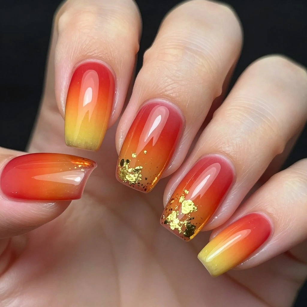Sunset Ombre Nails with Gold Foil Flakes