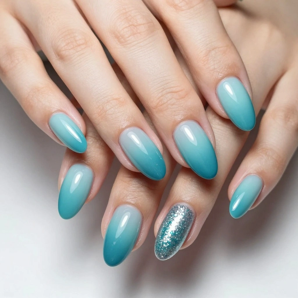 Teal Ombre Almond Nails