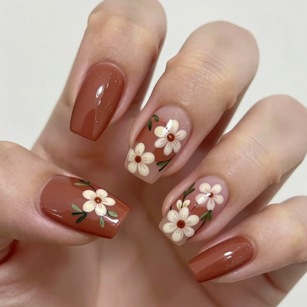 Terracotta Floral Accent Nails