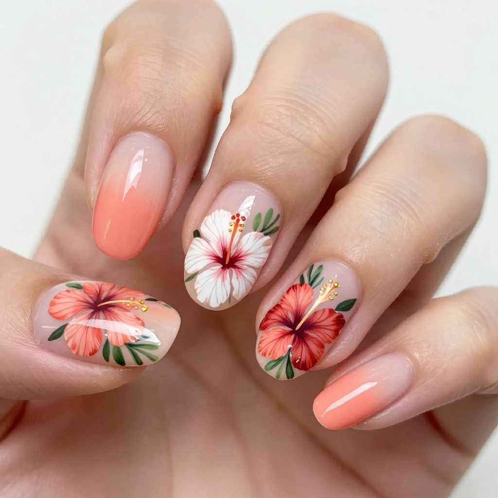 Tropical Hibiscus Floral Nail Design